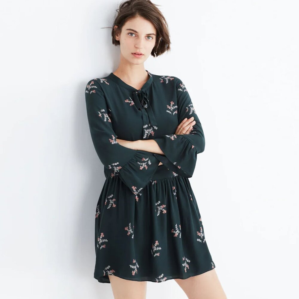 NWT Madewell Silk Tie-Neck Bow Dress in Wild Botanic Green Pink Floral Size XXS